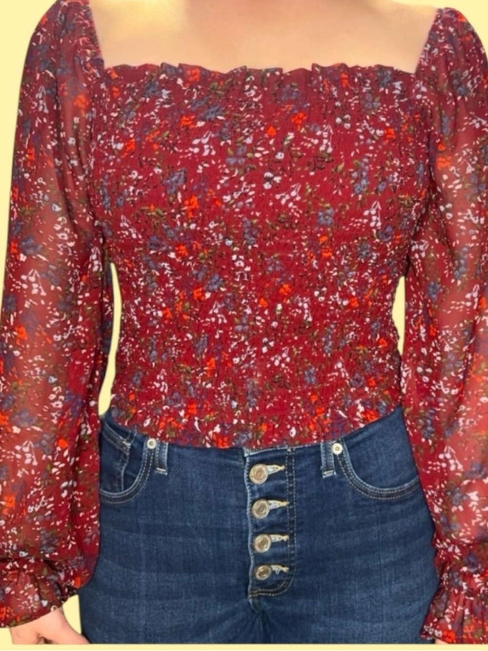 Japna floral smocked crop top size small | boho cottagecore puff sleeve blouse - Picture 3 of 7
